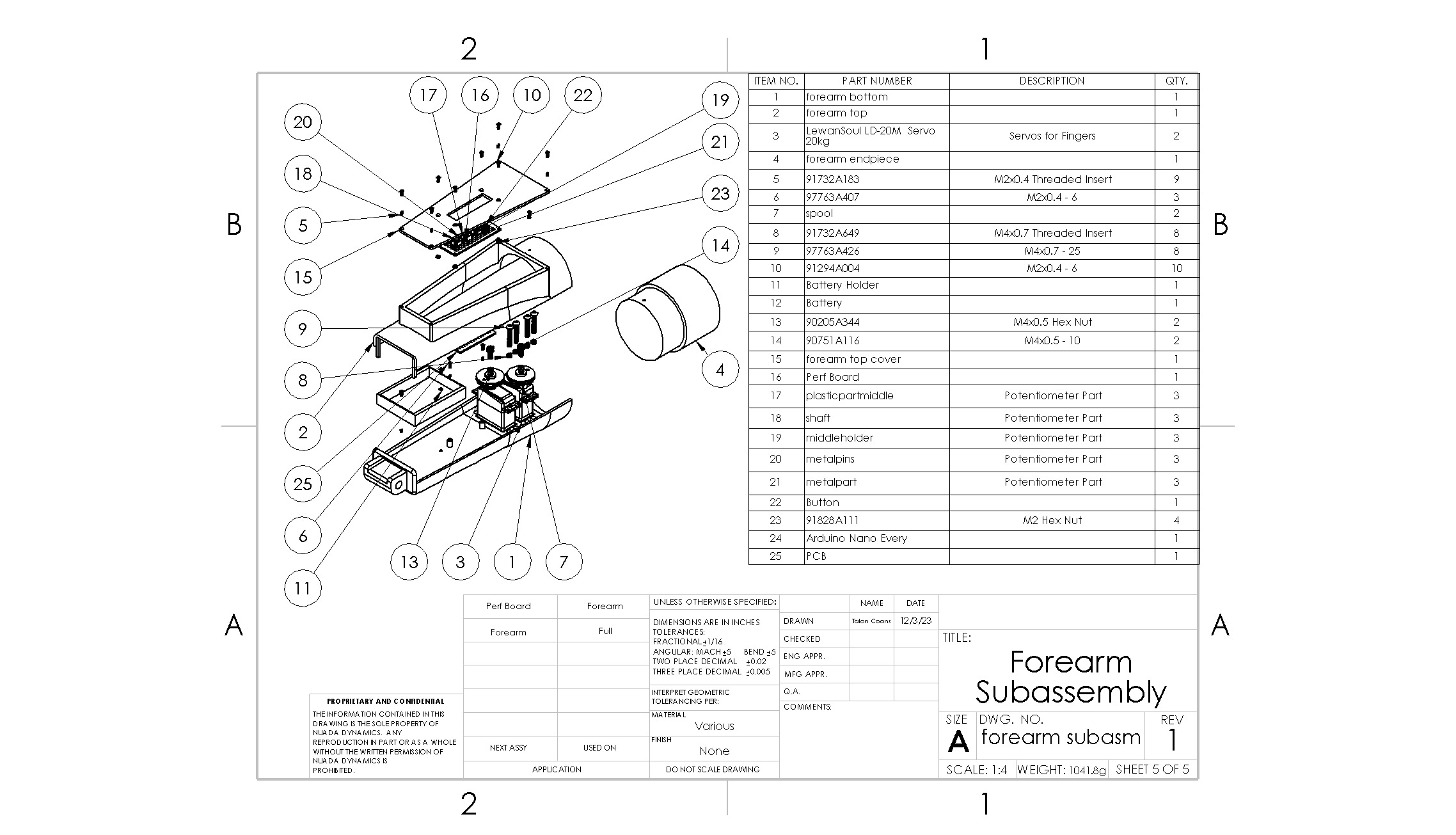 Forearm subassembly BOM